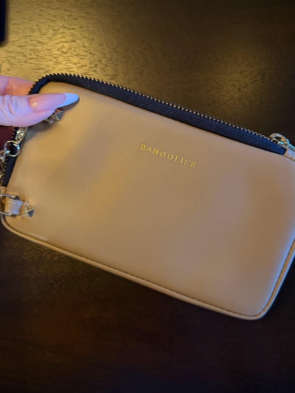Bandolier Tan Crystal Phone Crossbody Set with Gold Chain Accents & AirPod Case - Picture 8 of 9